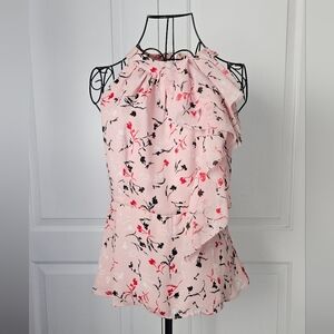 White House Black Market Pink Floral Ruffle Blouse